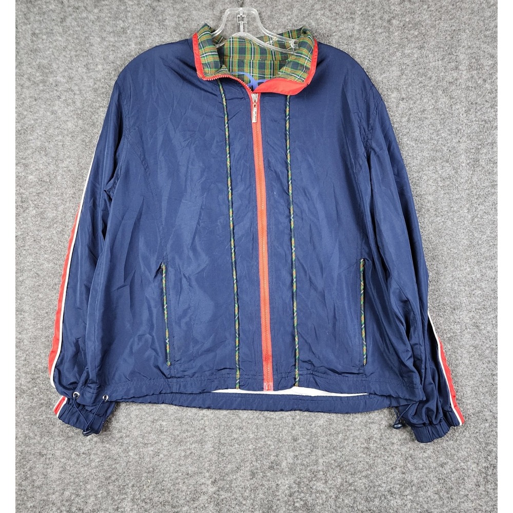 Oleg Cassini Sport Windbreaker Mens Medium Navy Blue Plaid Lined Vintage Jacket
